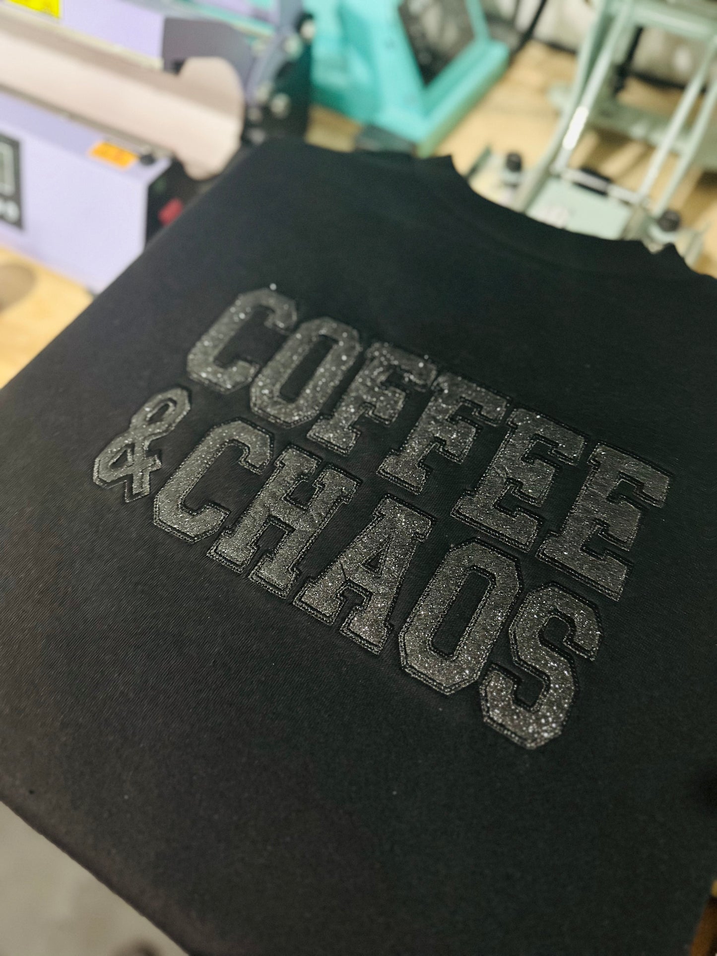 Coffee & Chaos | Glitter Applique Embroidery