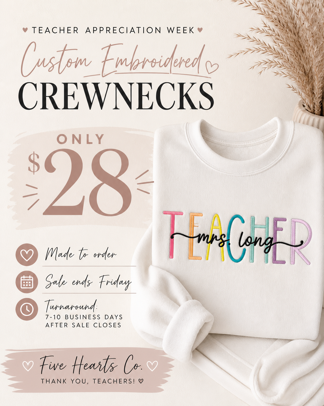 Custom Embroidered Teacher Crewneck Sweatshirt | Personalized Teacher Gift