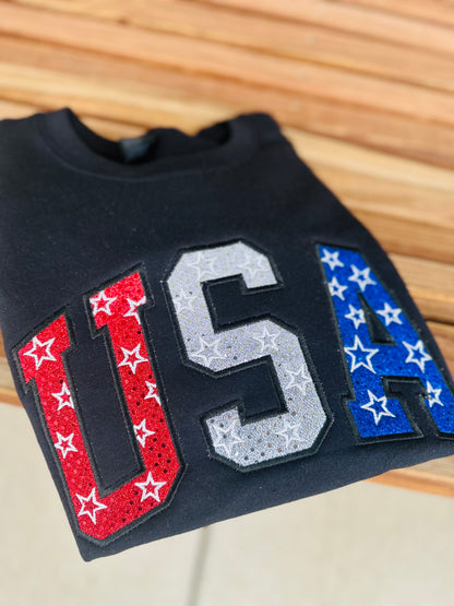 RWB USA Glitter Applique Embroidered Crewneck *New*
